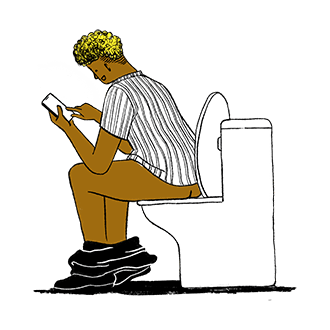 Illustrated person reading on the toilet